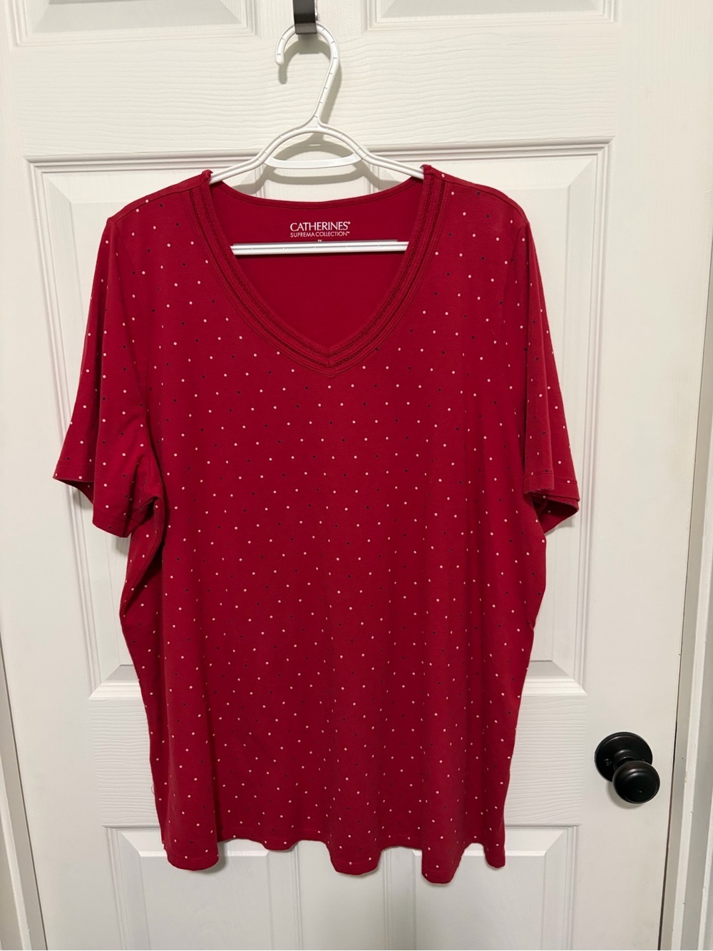 Catherines Red V-Neck Short-Sleeve Shirt with Blue and White Dots
